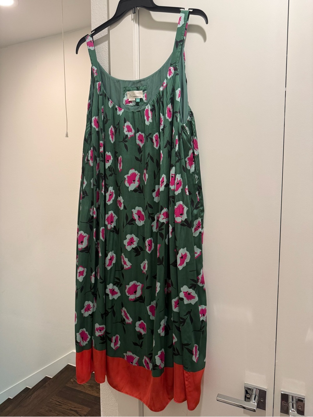 Anthropologie Green Pleated Dress with Pink Floral Accents